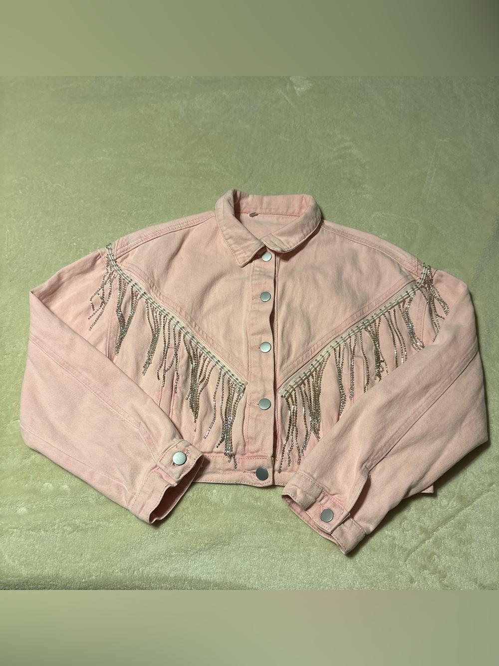 Cropped Pink Denim Jacket with Silver Fringe
